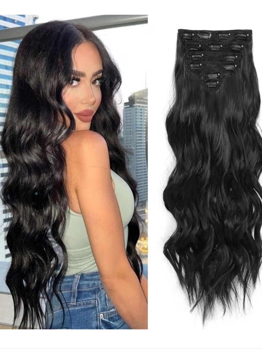 6 Pcs Natural Black Clip-In Hair Extensions - Long Wavy Women Hair